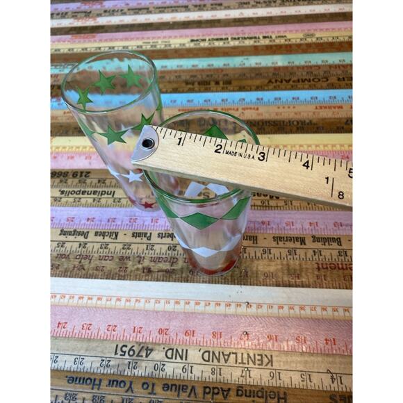 2 Vintage Red Green White Diamond Star Atomic Pattern MCM Tumbler Drinking Glass - Picture 7 of 8
